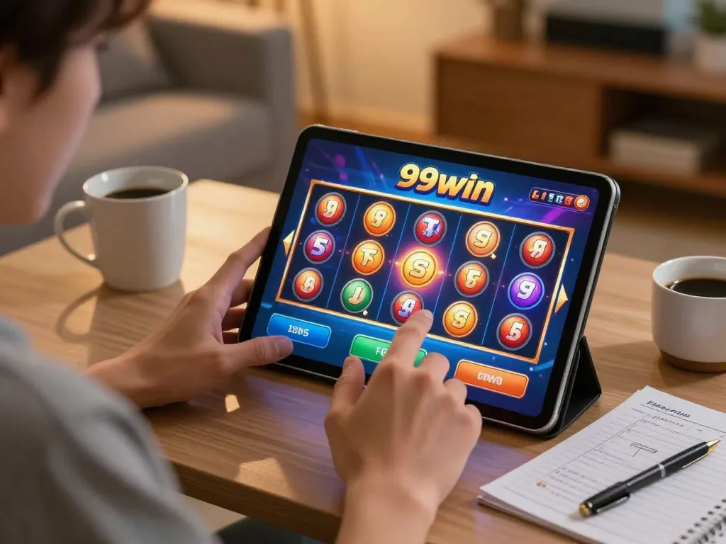 Engaged player enjoying 99win online slots in a cozy setting, creating excitement.