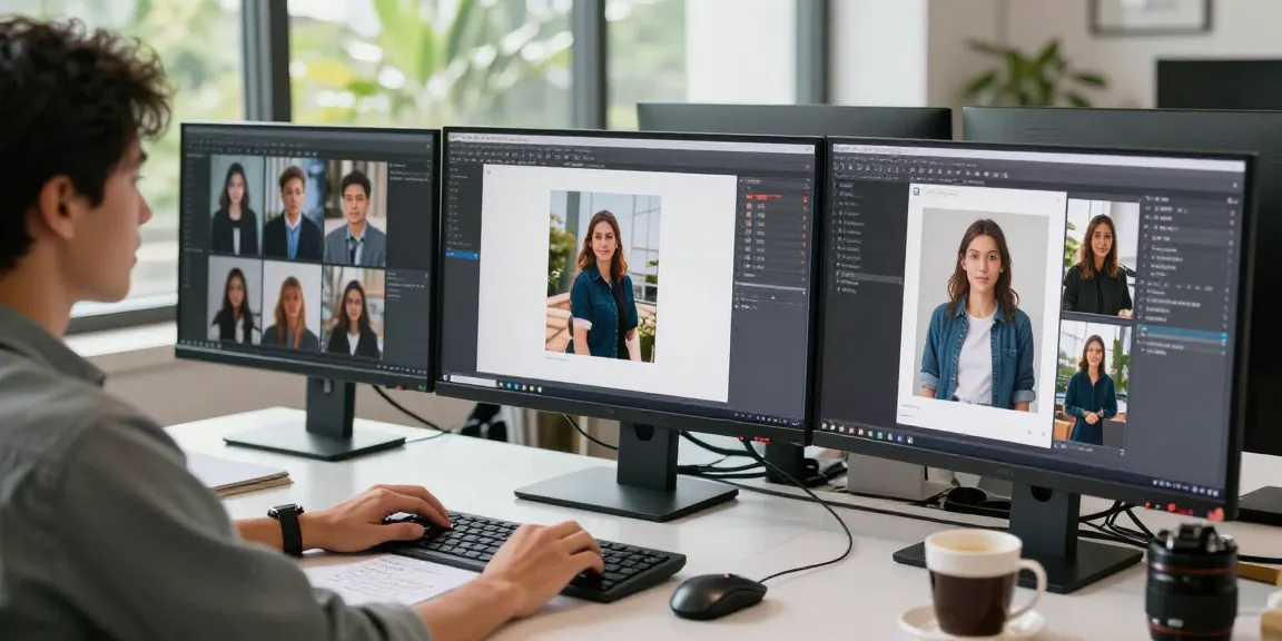 Using a free ai detector in a modern workspace with dual monitors showing image analysis results.
