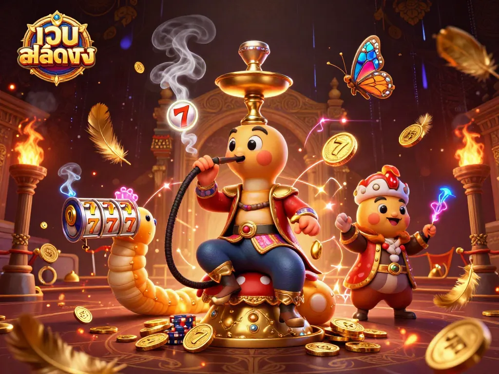 เข้าร่วมสนุกกับเกม สล็อตเว็บตรง โดยมีการ์ตูนตัวหนอนยักษ์ในชุดสุลตานพร้อมเต้นมอบโชค