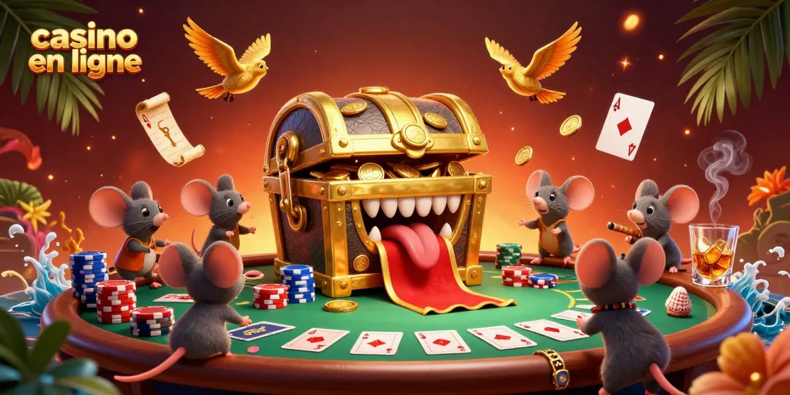 Illustration captivante de casino en ligne avec un coffre au trésor, des souris aventurières, et une table de poker colorée.