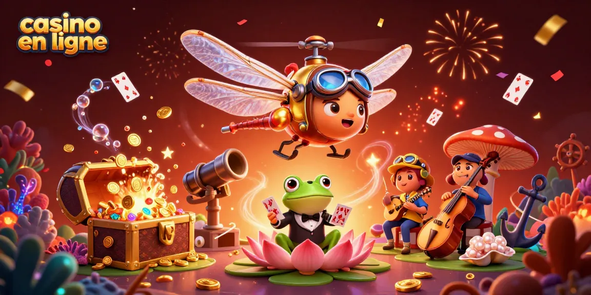 Jouer sur un casino en ligne tout en admirant un pilote de libellule 3D et un croupier grenouille.