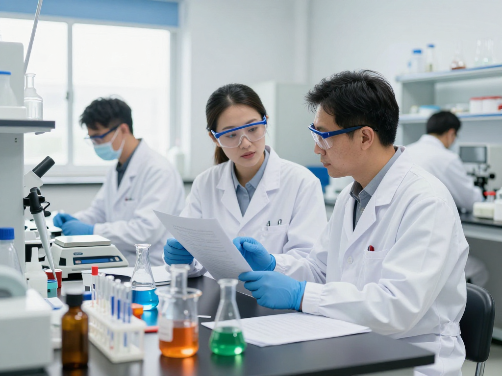 Nitroethane supplier in a laboratory setting with chemists discussing reagents and chemical safety.