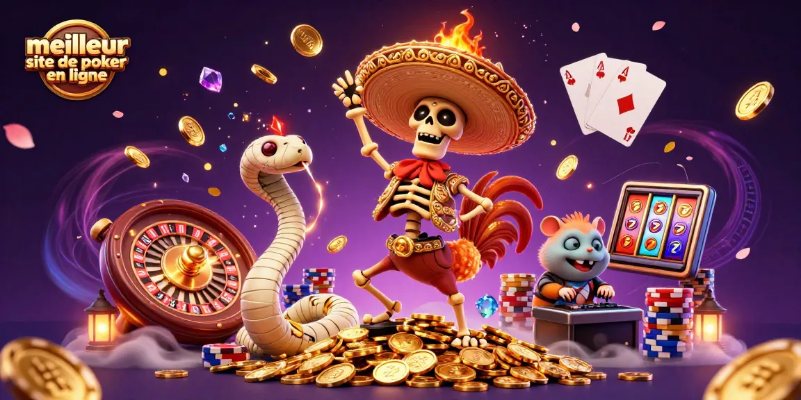 Découvrez le meilleur site de poker en ligne avec cette illustration dynamique pleine de jeux de cartes et de jetons.