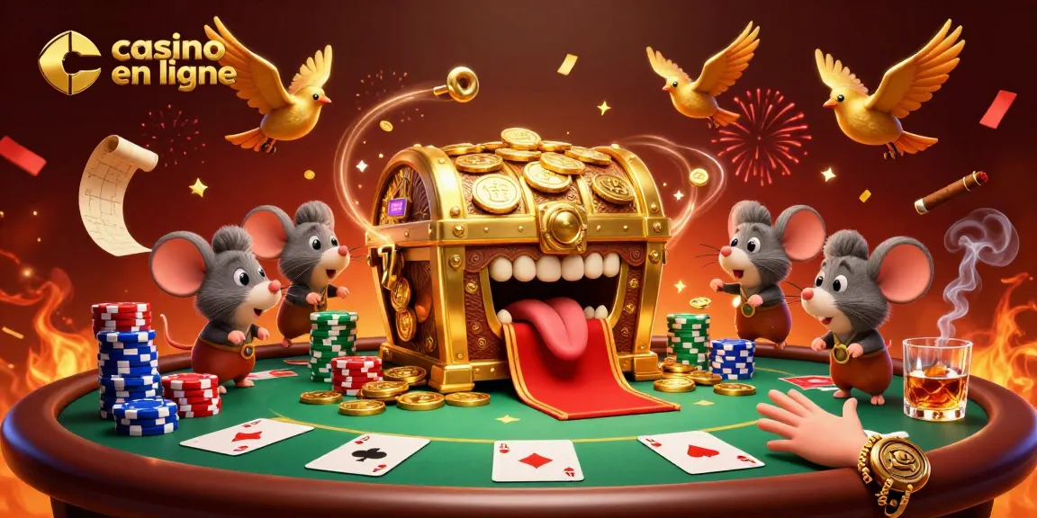 Profitez du casino en ligne avec une illustration ludique d'un coffre aux trésors attirant des souris aventurières.