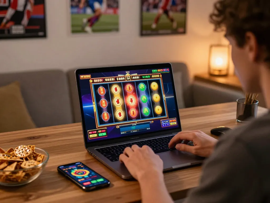 Person enjoying online slot gameplay on a laptop with agenslot188, highlighting excitement and modern gaming atmosphere.