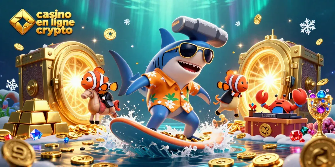 Jouer sur un casino en ligne crypto avec le requin marteau entouré de pièces d'or et de gemmes brillantes.