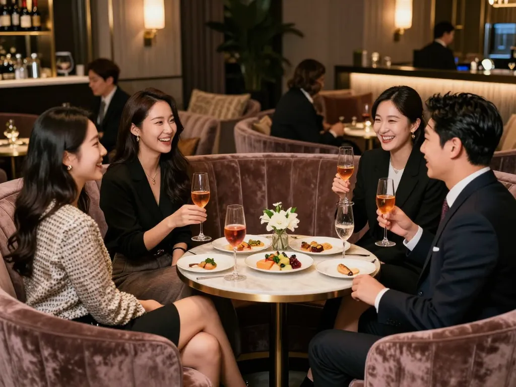 Enjoying a premium experience in a 강남쩜오 lounge with stylish friends and gourmet snacks.