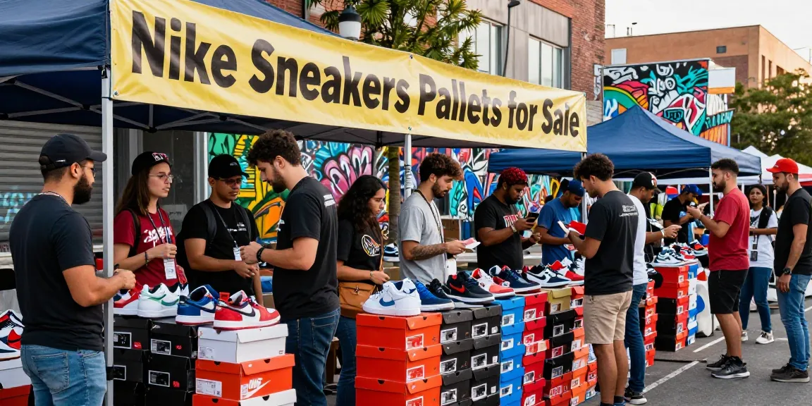 Nike sneakers pallets for Sale at a vibrant street market with diverse shoppers examining authentic sneakers.