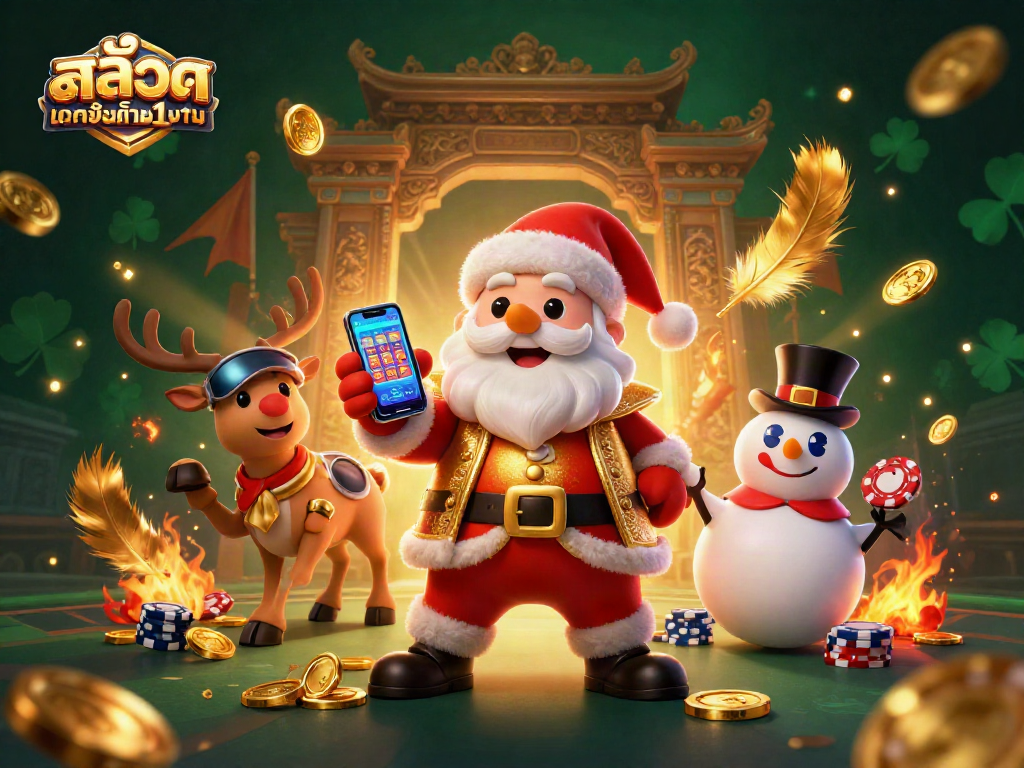 Spin the reels with สล็อตฝากขั้นต่ำ1บาท, enjoy thrilling jackpot slots in a festive casino scene.