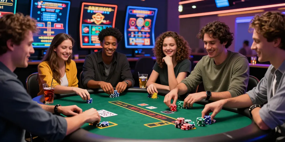 Des amis profitant de jeux de casino en ligne à une table animée avec des jetons colorés.