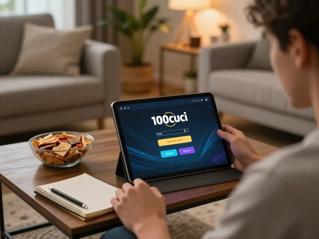 Player enjoying a casual gaming experience with 100cuci login on tablet in a cozy home setting.