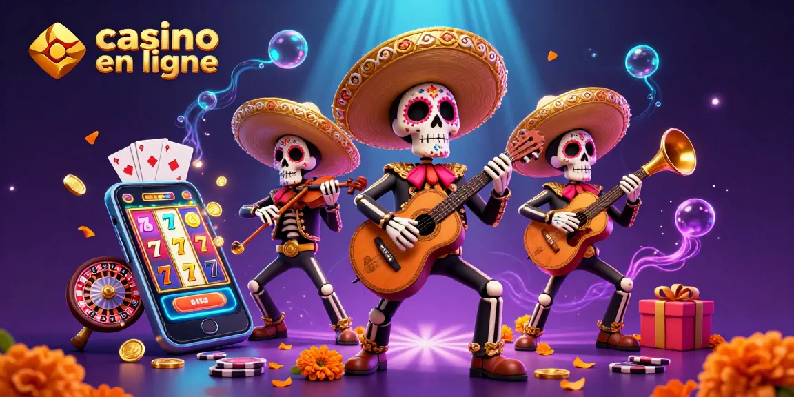 Les membres du groupe mariachi célébrant le casino en ligne avec des éléments de jeu colorés.