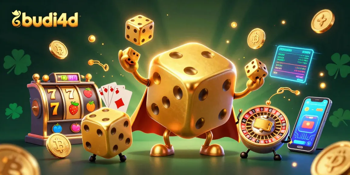 Budi4D showcases an exciting slot experience with animated golden dice and vibrant casino elements