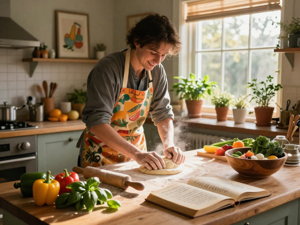 Home cook preparing artisan pizza with fresh ingredients in a cozy kitchen, inspired by https://raja328argent.com/ for 2026 culinary enthusiasts.