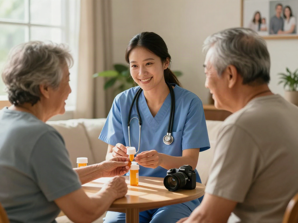 Caregiver assisting elderly patient in home care setting, showcasing bonus new member benefits.