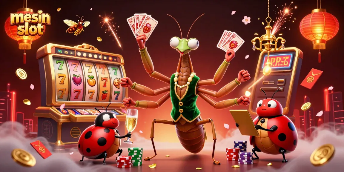 Enjoy engaging with the vibrant scene of mesin slot as a giant mantis deals cards and sprite characters celebrate in a casino atmosphere.