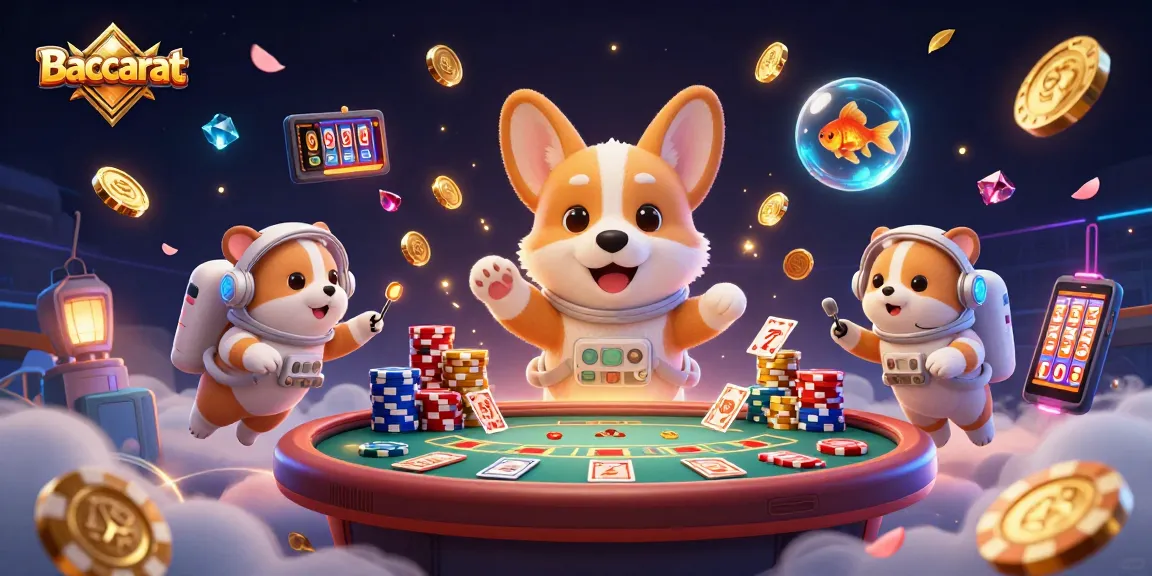 Baccarat table action featuring a playful corgi astronaut and mission-control characters in a vibrant casino setting.