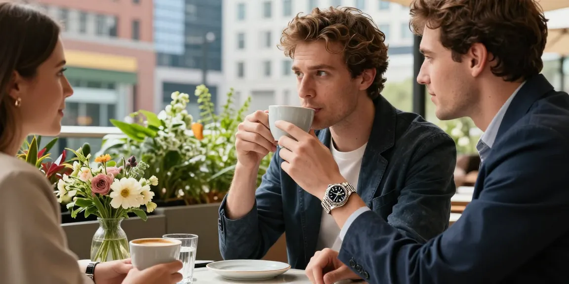 Stylish person wearing a rolex replica at a café, showcasing luxury and lifestyle