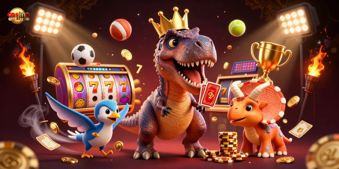 Illustration d'un T-Rex et un triceratops jouant au casino en ligne avec des jetons dorés et des cartes.