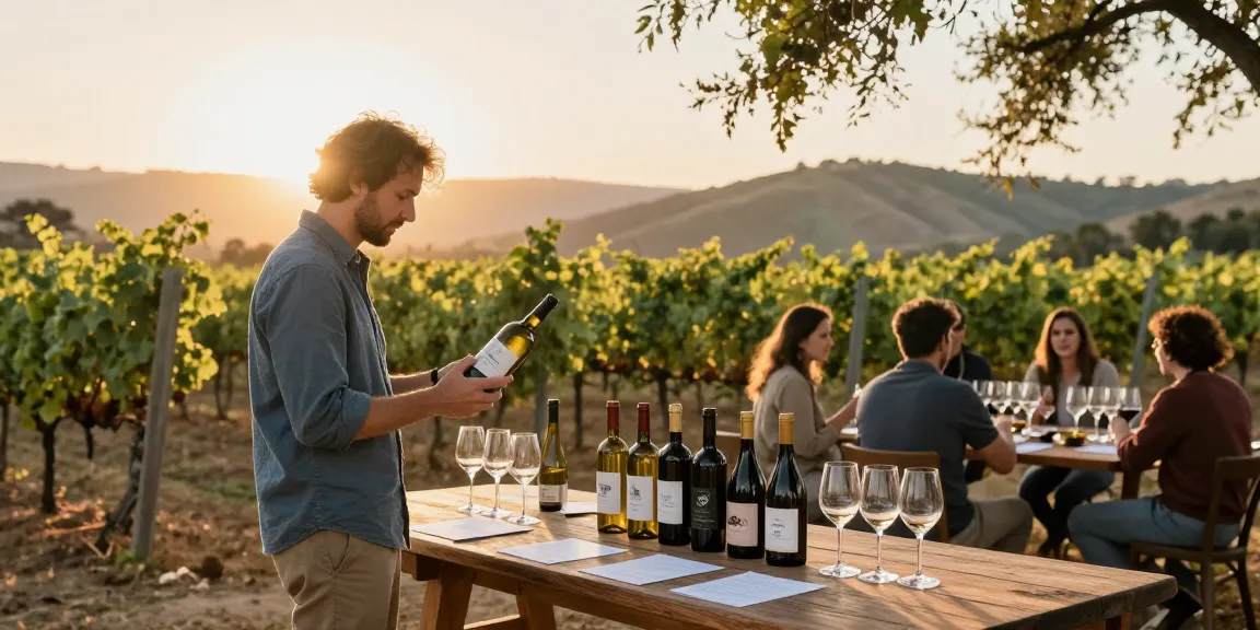 Showcasing white label wine in a Temecula vineyard during a sunset wine tasting experience, highlighting custom bottles and a serene atmosphere.