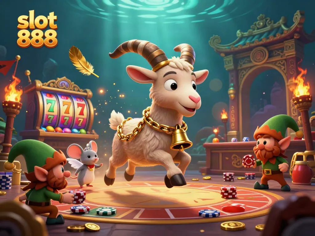 Engaging illustration of slot 888 featuring Krampus and mischievous elves in an immersive casino scene.
