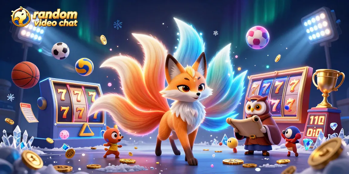 Engage in exhilarating random video chat with a dynamic 3D casino scene featuring glowing characters and gaming symbols.