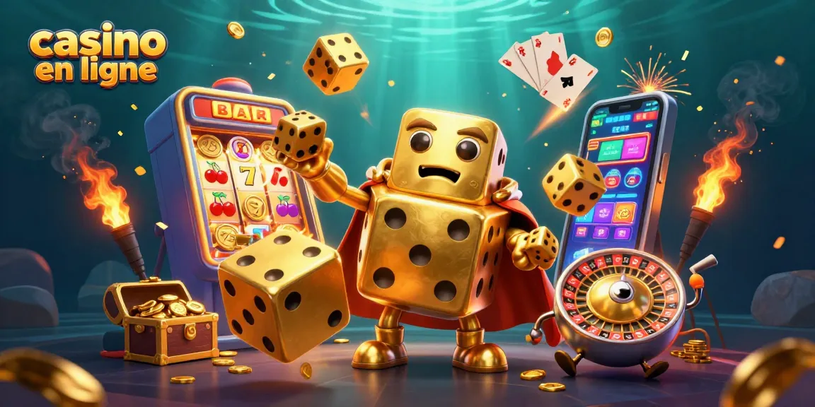 Jouer dans un casino en ligne avec un golem de dés dorés et des machines à sous éclatantes.