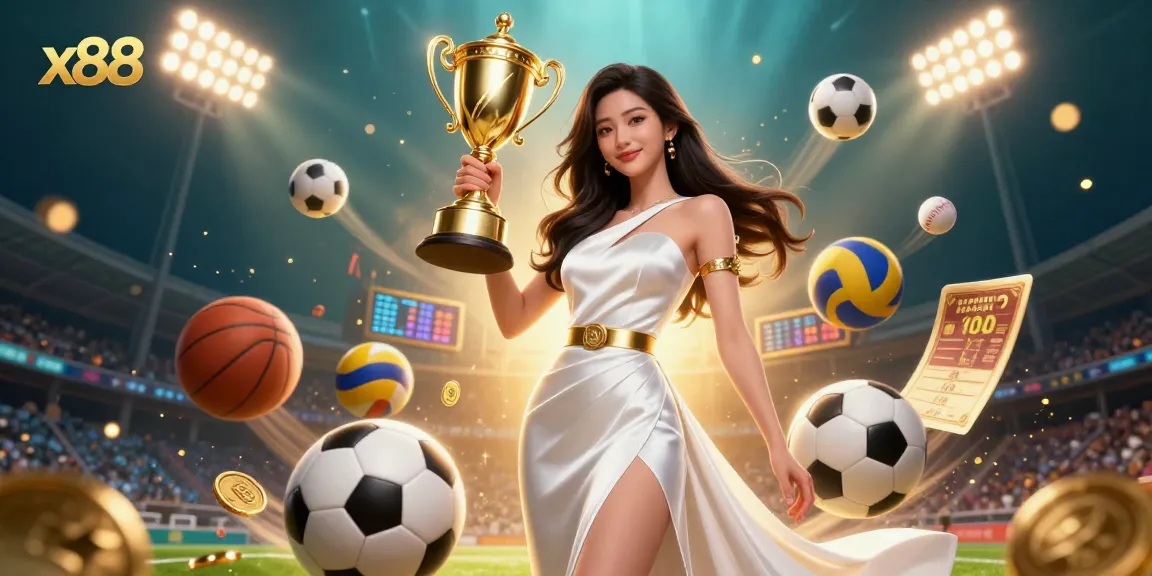 Win spectacularly with X88 sporting moments, capturing victorious Asian woman amidst dynamic betting elements.