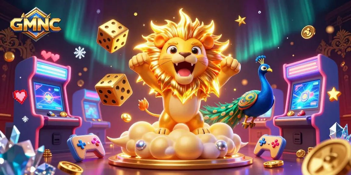 Experience the excitement of GMNC with colorful casino elements and dynamic characters in a 3D illustration.