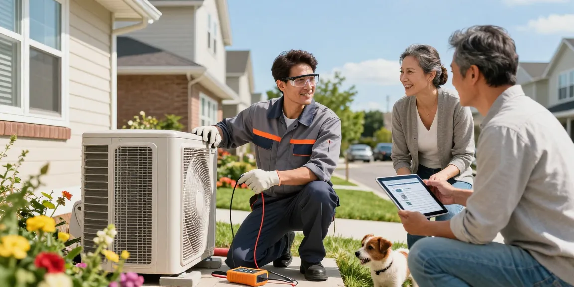 HVAC SEO company technician repairing air conditioning unit with homeowner's engagement.
