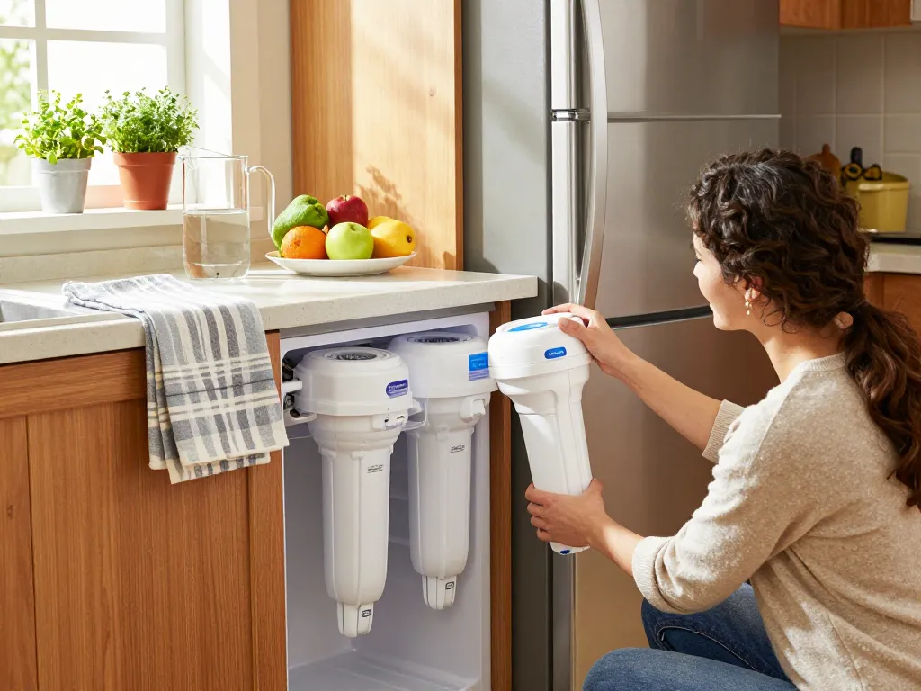 Person installing Maxblue MB-F38 Replacement for W10295370A water filter in a bright kitchen.