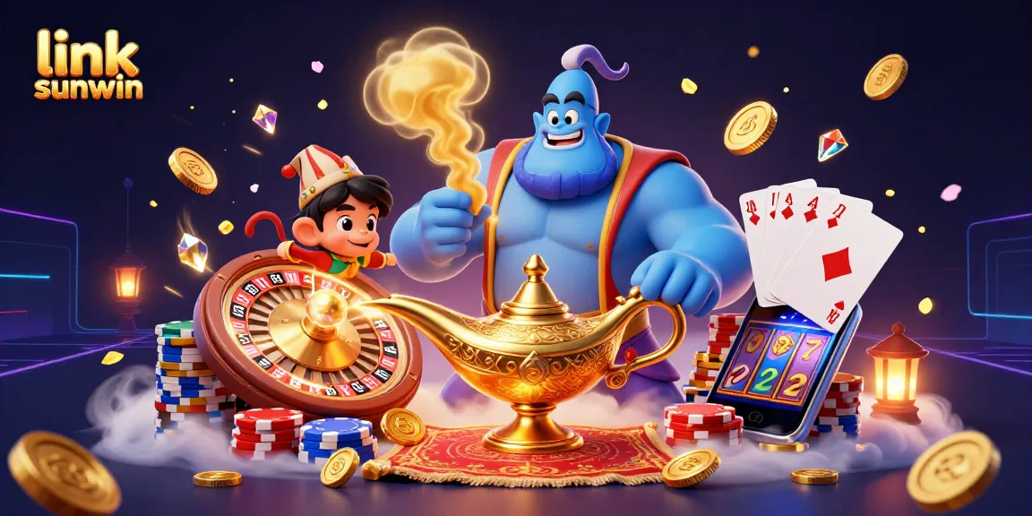 Engage in thrilling gameplay with link sunwin: a magical scene featuring a genie, poker chips, and casino elements.