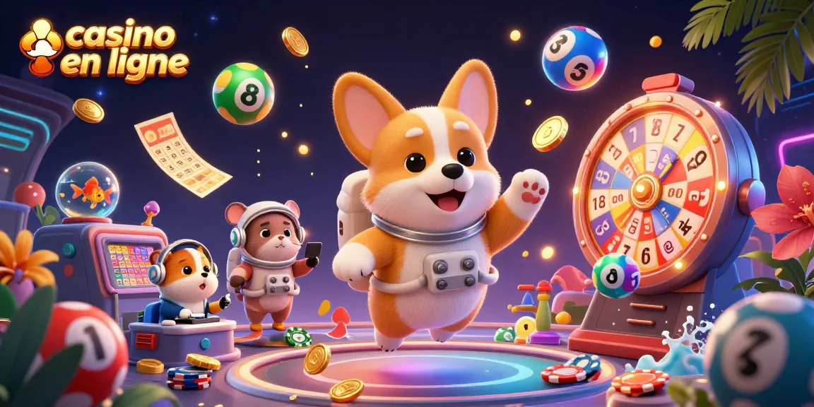 Casino en ligne : un corgi astronaute s'amusant avec des jetons et des balles de loterie.