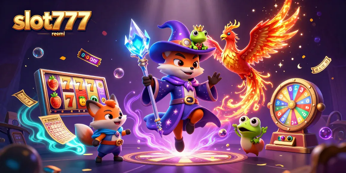 Experience the excitement with slot777 resmi as colorful lottery balls and slot elements surround a magical scene.