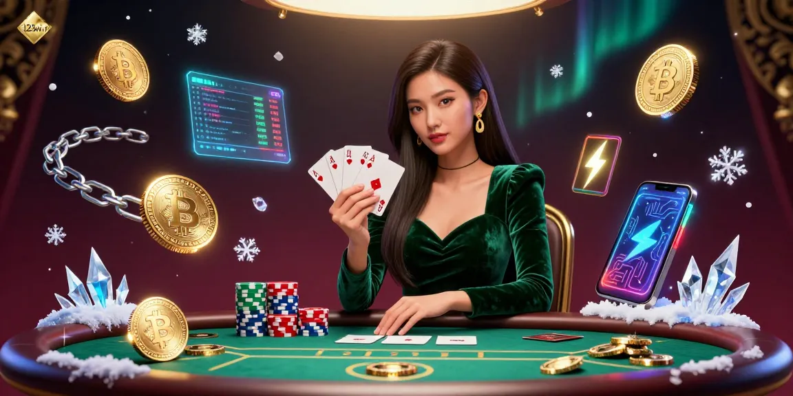 Experience the thrilling gameplay at 123win with a stunning poker scene featuring strategic moves and vibrant cryptocurrency elements.