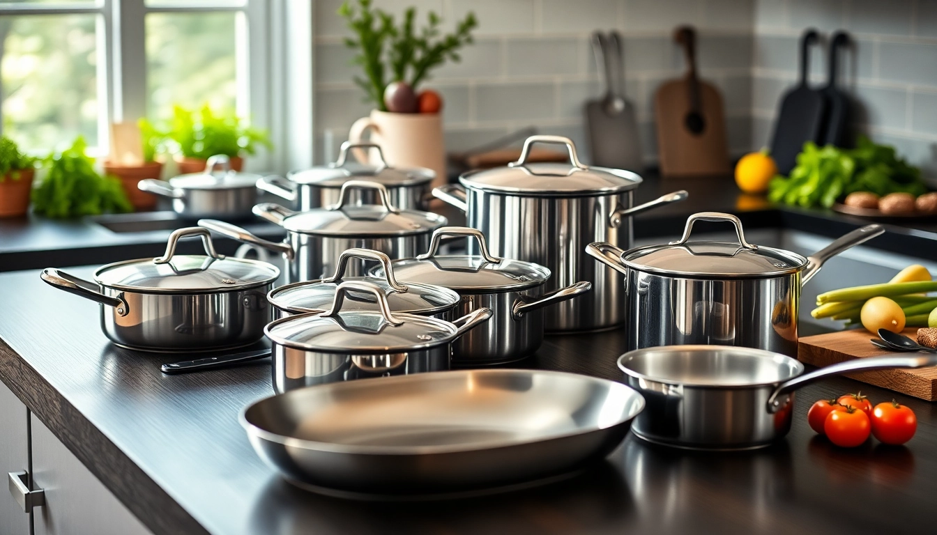 Showcase of WMF cookware NZ with elegant pots and pans on a kitchen countertop, enhancing culinary experiences.