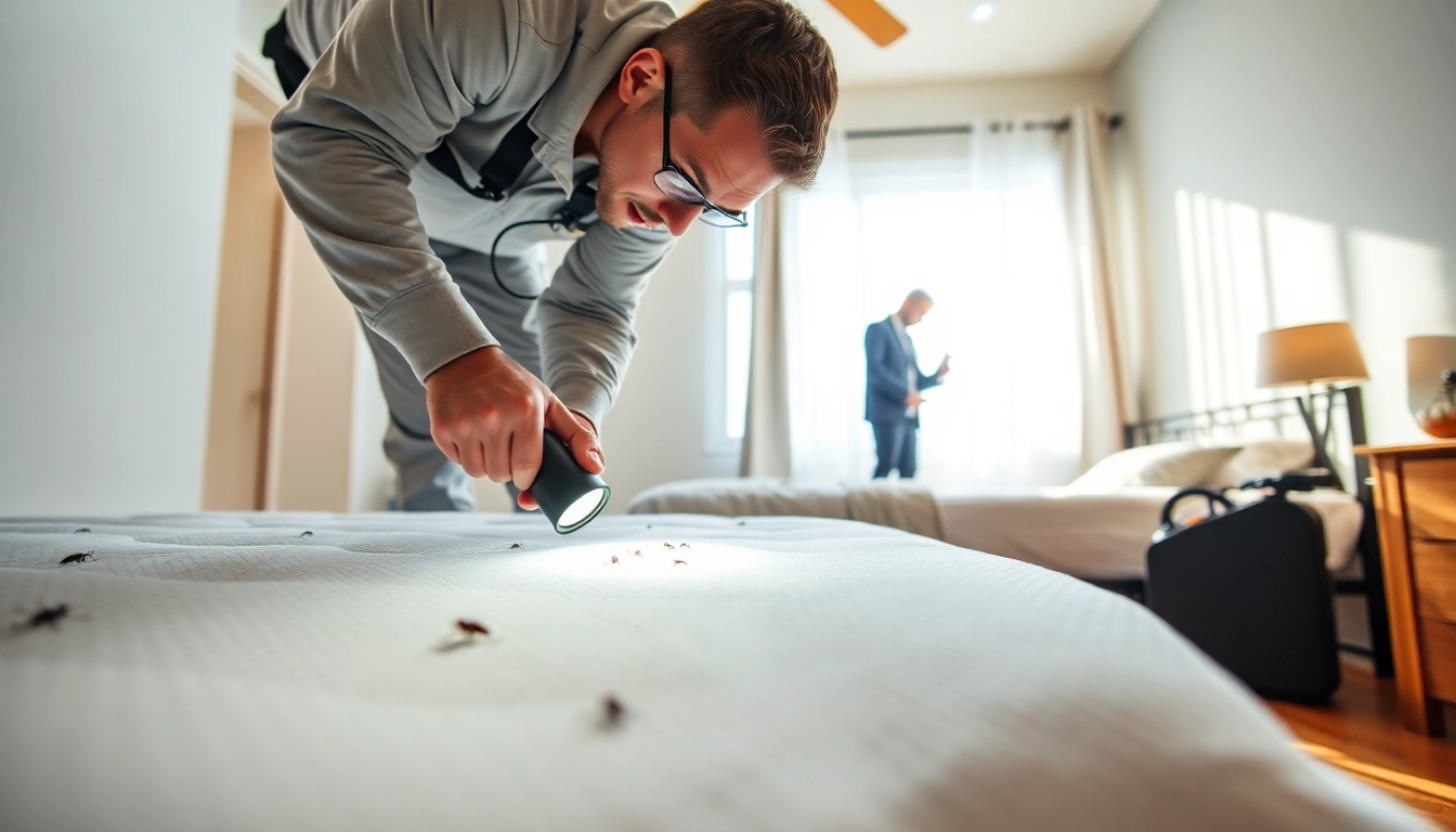 Bed bug services near me by professionally trained exterminators inspecting a bedroom for infestations.