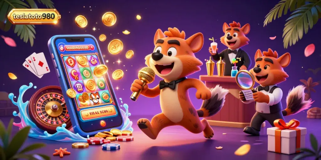 Experience the fun at teslatoto980’s casino scene with hyenas running a comedy show and drinks all around.