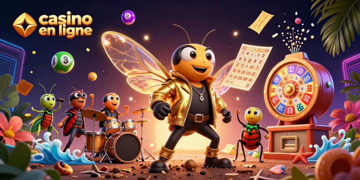 Jouez à casino en ligne avec une illustration dynamique du rock star cicada et ses amis.