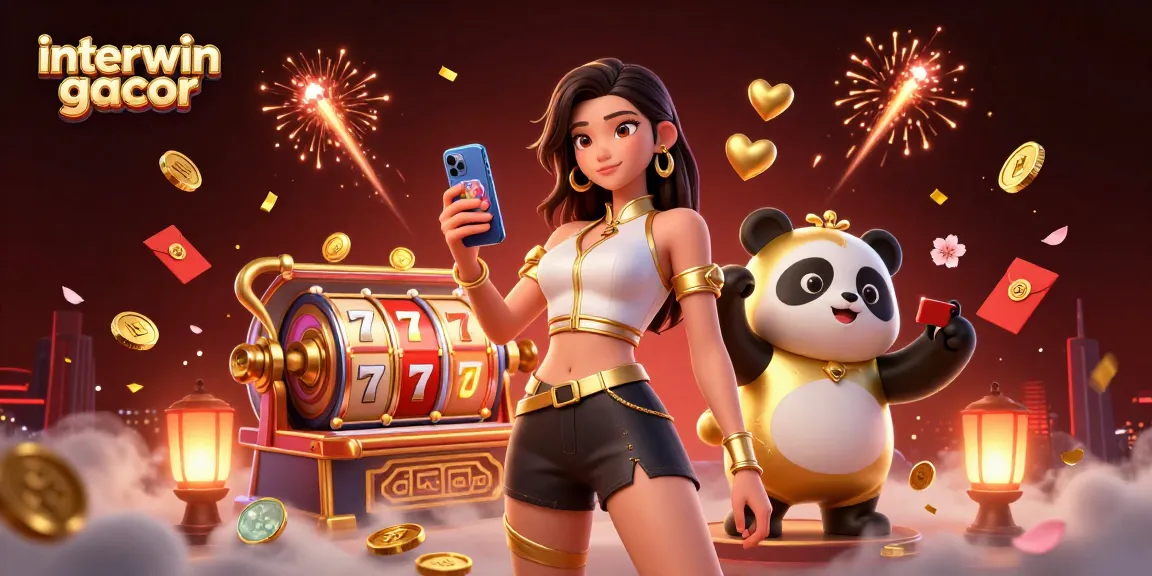 Experience interwin gacor with vibrant casino action, featuring a woman and panda mascot.