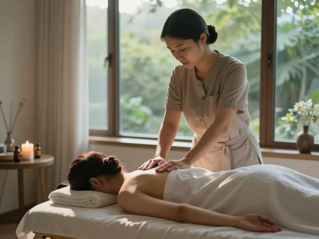 Relaxing 치평동마사지 session in a serene wellness studio with calming ambiance.