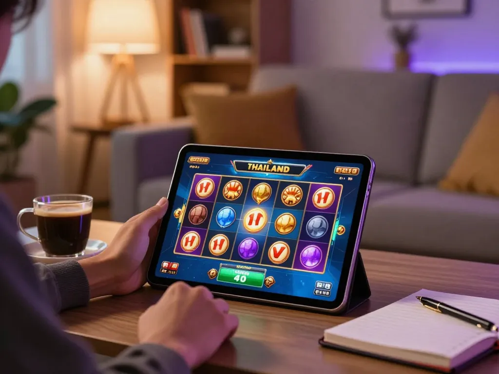 Playing slot thailand no 1 games on a tablet in a cozy home setting with a warm ambiance.