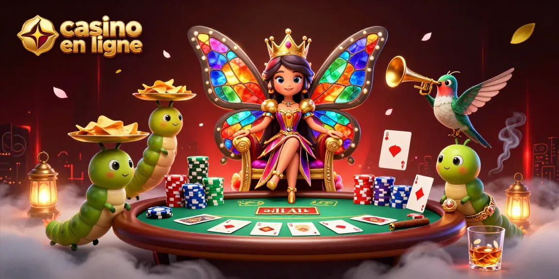 Jouez au casino en ligne avec des personnages colorés, des jetons et des éléments de poker animés.