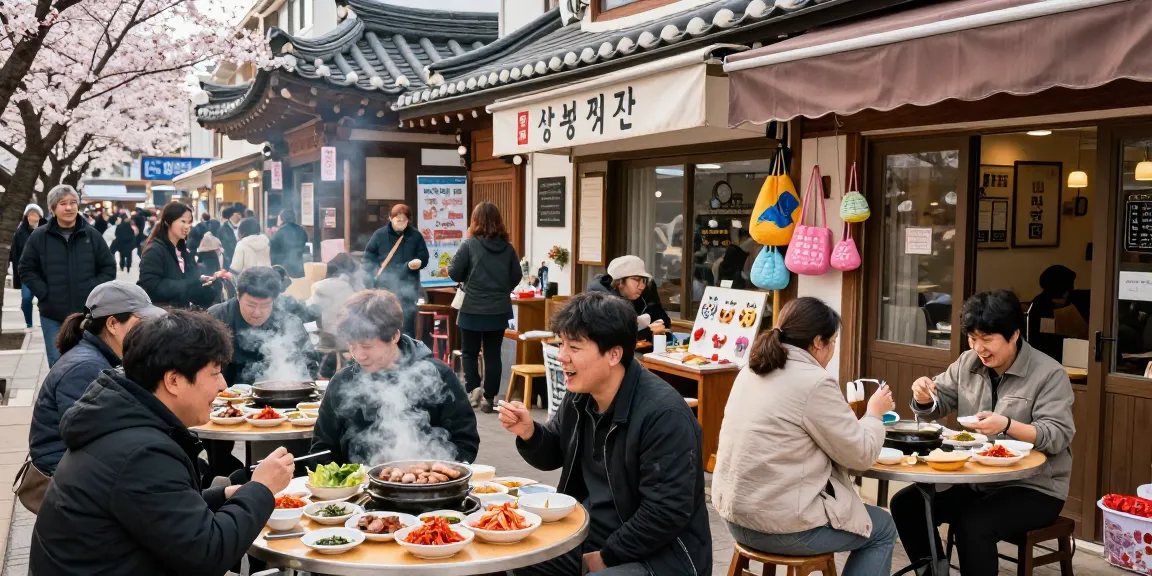 Experience the lively 상봉동 한국관 atmosphere with people enjoying traditional food and culture.