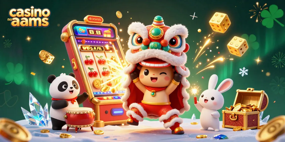 Gioca nei casino non AAMS con questa vivace illustrazione di un leone di Capodanno e simboli di slot machine.