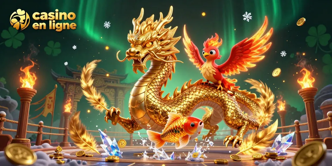 Jouez à un casino en ligne avec un dragon doré, un phénix et des poissons chanceux dans un décor vibrant.