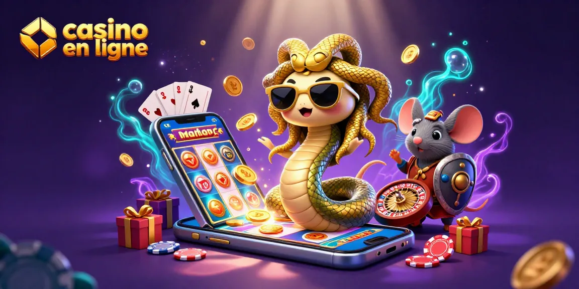 Illustration colorée de casino en ligne avec Méduse et un guerrier, jouant à des jeux.