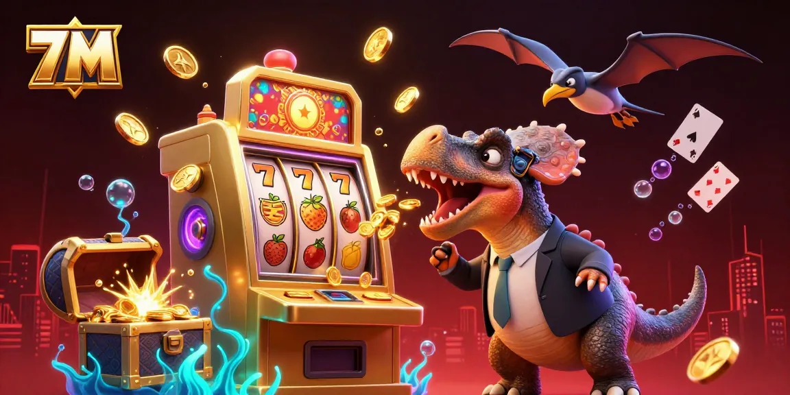 Experience thrilling wins at 7M with a dynamic casino scene featuring a dinosaur winning jackpot coins.