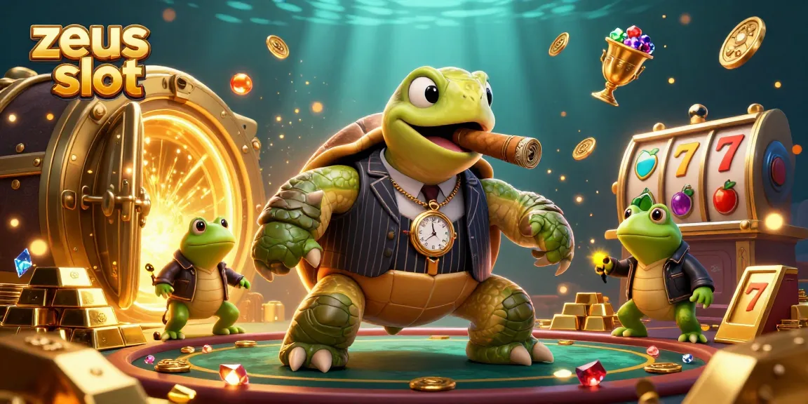 Experience thrilling zeus slot action featuring a giant turtle in a mobster suit with dazzling casino elements.