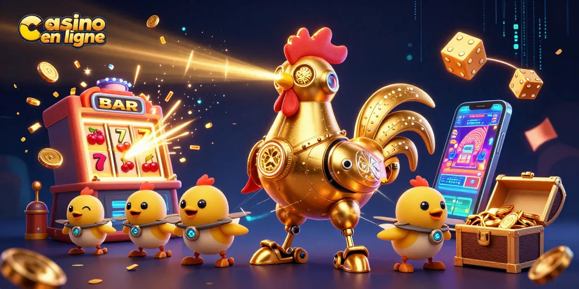 Le casino en ligne présente une illustration dynamique avec un robot coq futuriste et des drones, entourés de machines à sous et de trésors.